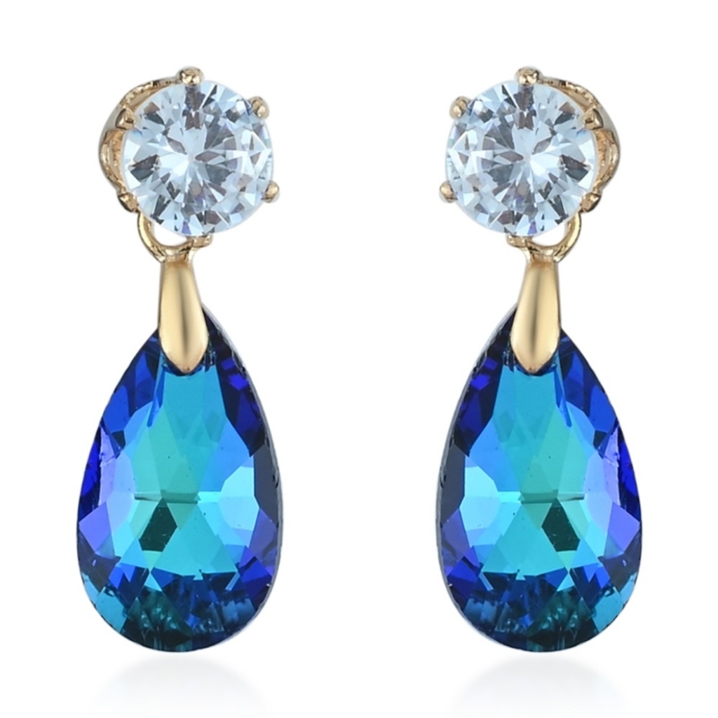 Blue Topaz And White Topaz Drop Earrings In 14k Yg Over Sterling Silver